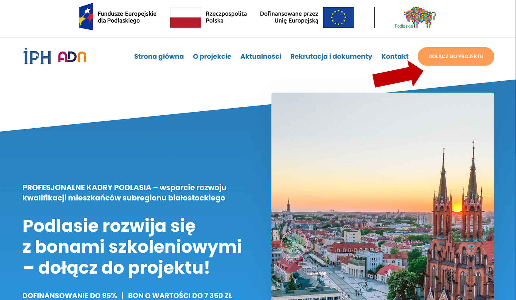 Rysunek 1. Strona główna strony internetowej projektu z zaznaczonym przyciskiem "Dołącz do projektu"